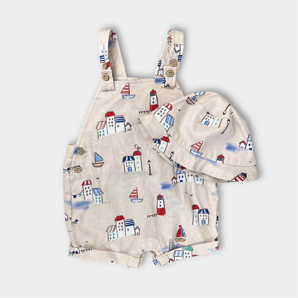 Mayoral Printed Two Piece Dungarees and Sun Hat Set 6-9 Months